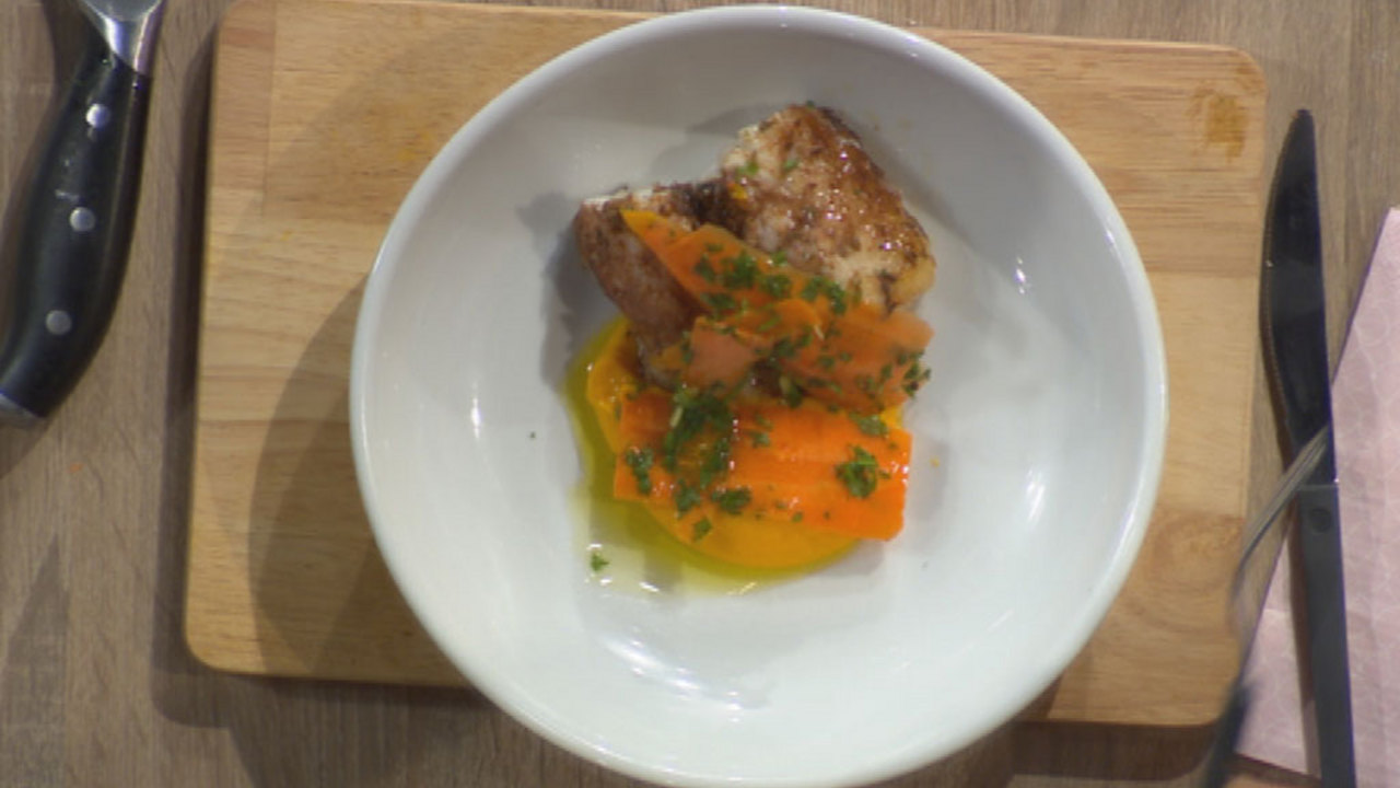 Spiced Monkfish, Carrot & Orange Puree, Shredded Carrot & Ginger Salad