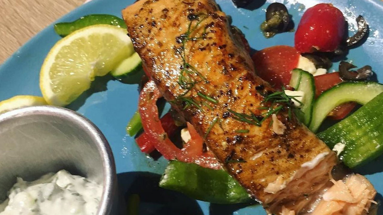 Pan Fried Salmon with Greek Salad & Tzatziki