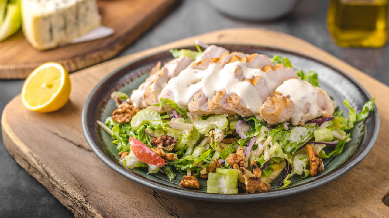 Crispy Walnut Chicken Breast, Organic Salad, Roast Pecan and Maple Vinaigrette