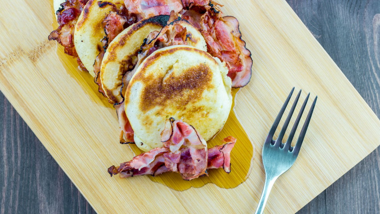 Fluffy Buttermilk Pancakes, Crispy Streaky Bacon, Maple Syrup