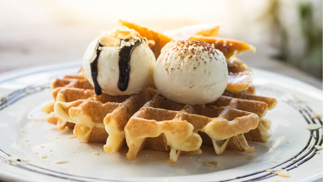 Bubble waffles served with vanilla pod ice cream