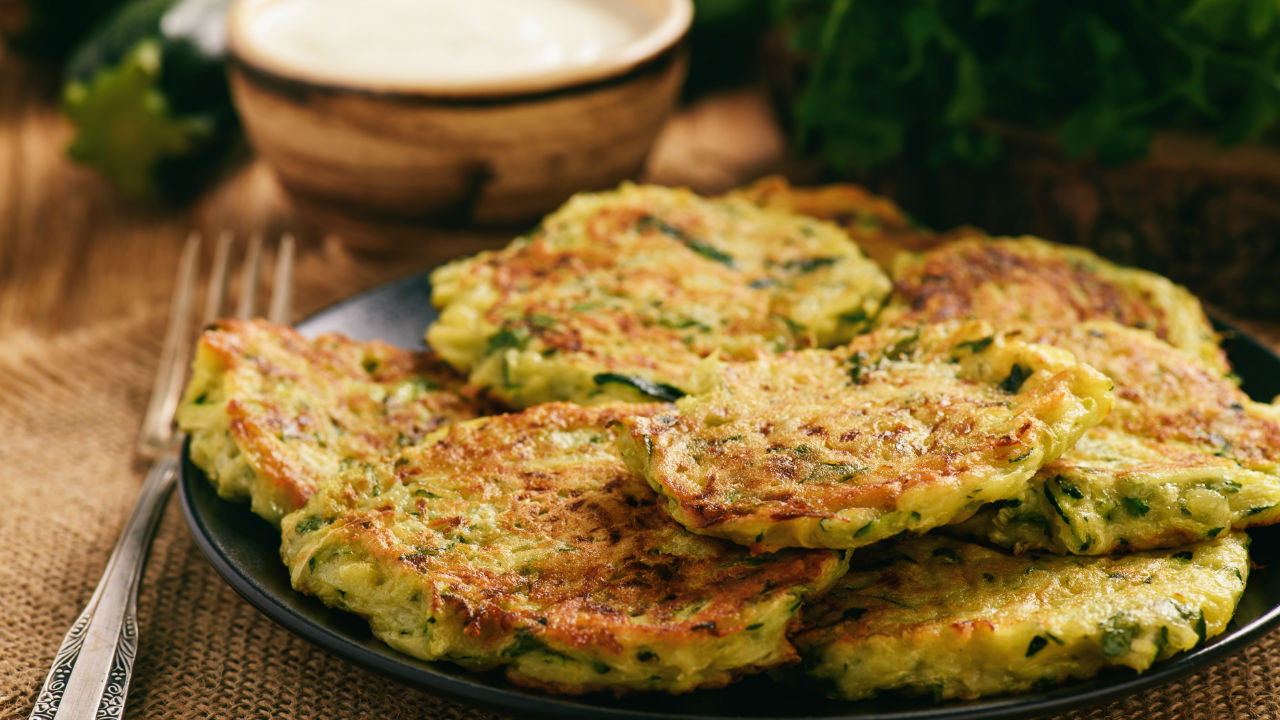 Courgette Fritters with halloumi and chilli jam