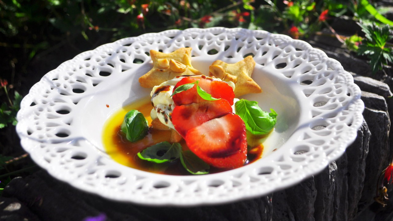 Strawberries with Basil, Balsamic, Mascarpone & Hazelnut Sables