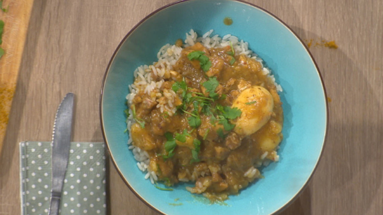 Chicken Curry Malay Style with Potatoes, Hen Egg and Coconut Milk