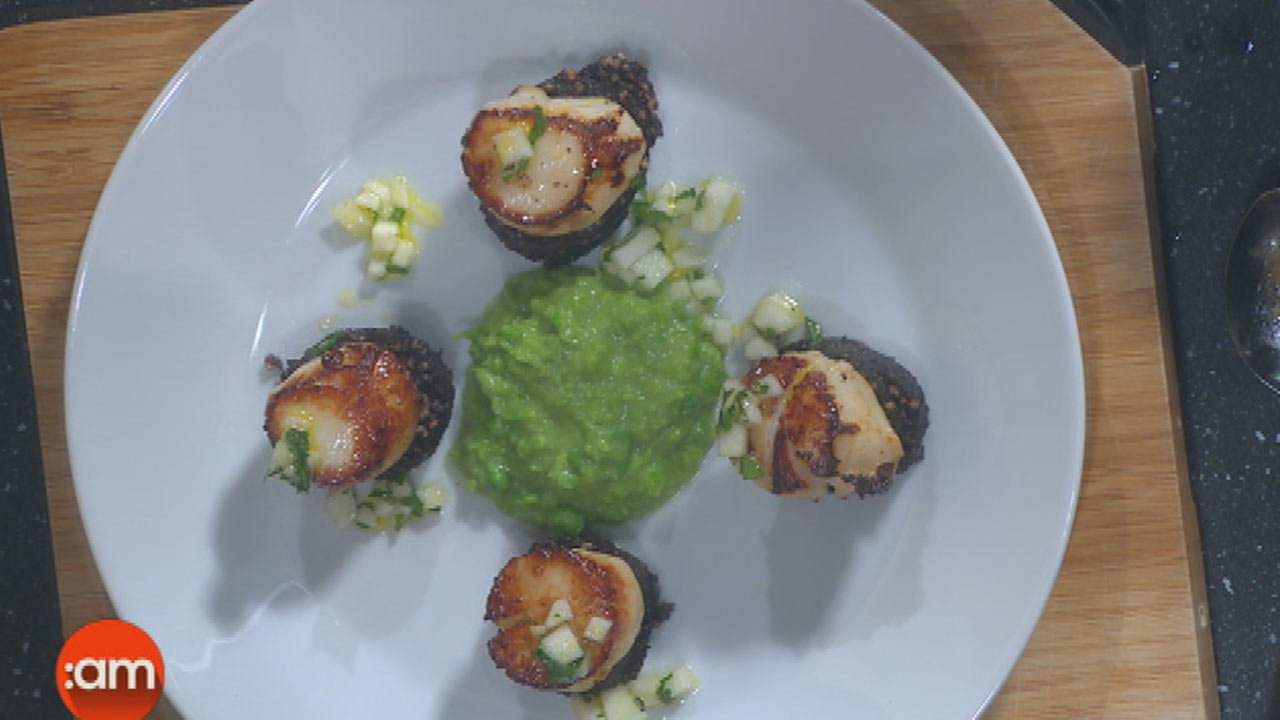 Seared Scallops, Pea & Mint Puree, Black Pudding and Apple Salad