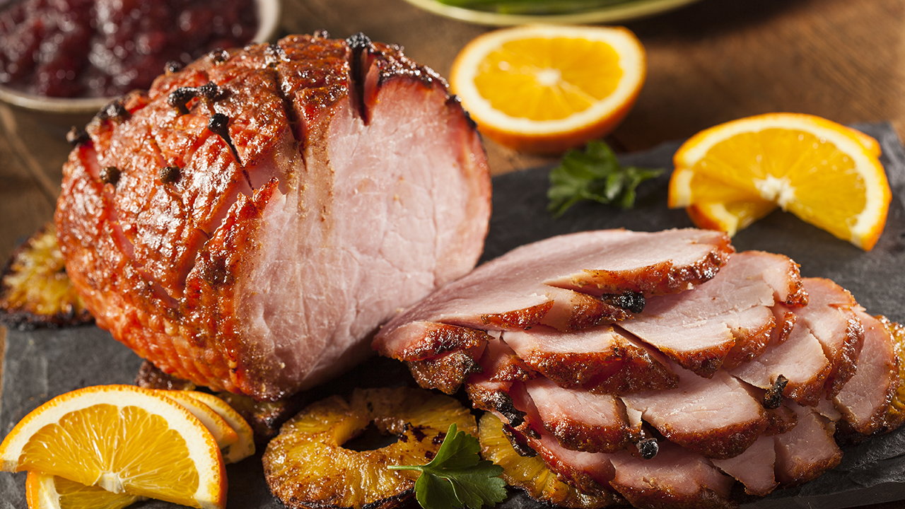 Honey glazed ham with apricot and sage stuffing and proper gravy