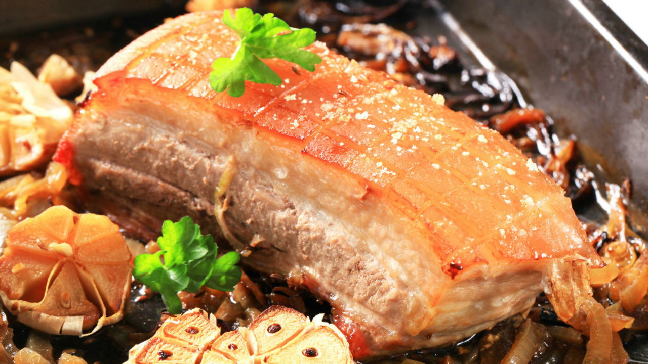 Slow Roasted Pork belly, Cola poached Pear, Cider Pear Puree