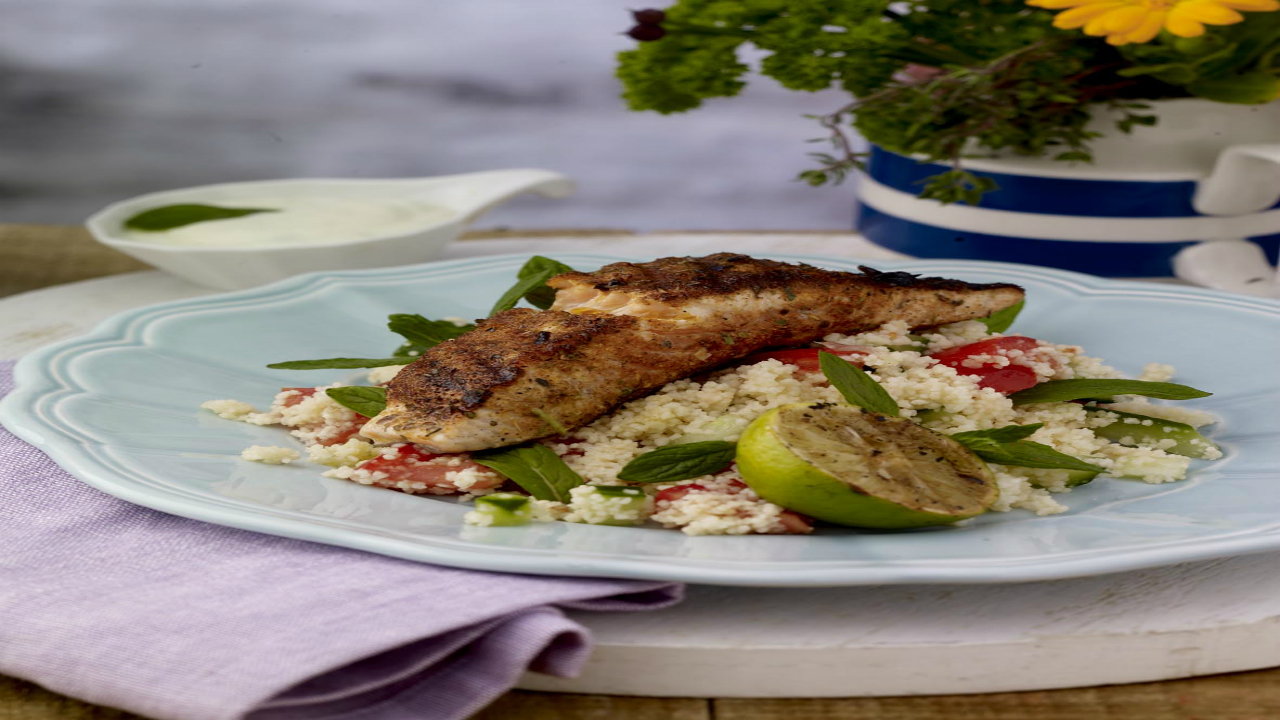 Blackened Salmon, Couscous, Lime dressing