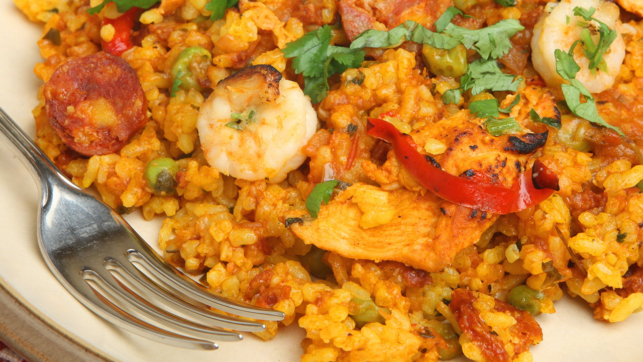 Quick Chicken, Chorizo and Prawn Spanish Rice