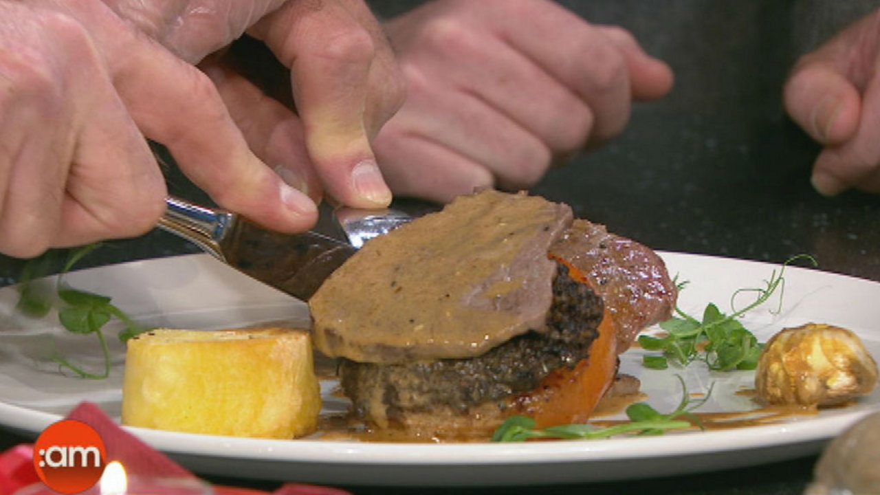 Clonakilty Black Pudding, Irish Beef and Tomato Stack, Brandy Cream Jus