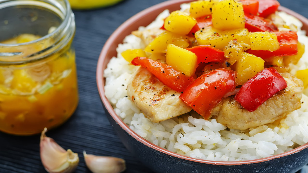 Thai mango chicken stir fry with peppers and rice