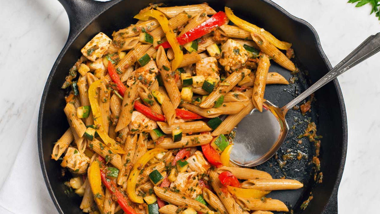 Grilled Paillard of Chicken with Penne Pasta, Courgettes, Peppers & Mint