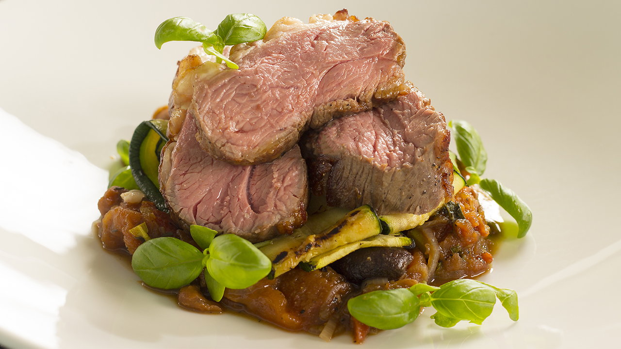 Irish Lamb Rump with Wild Garlic, Pea Puree, Broad Beans