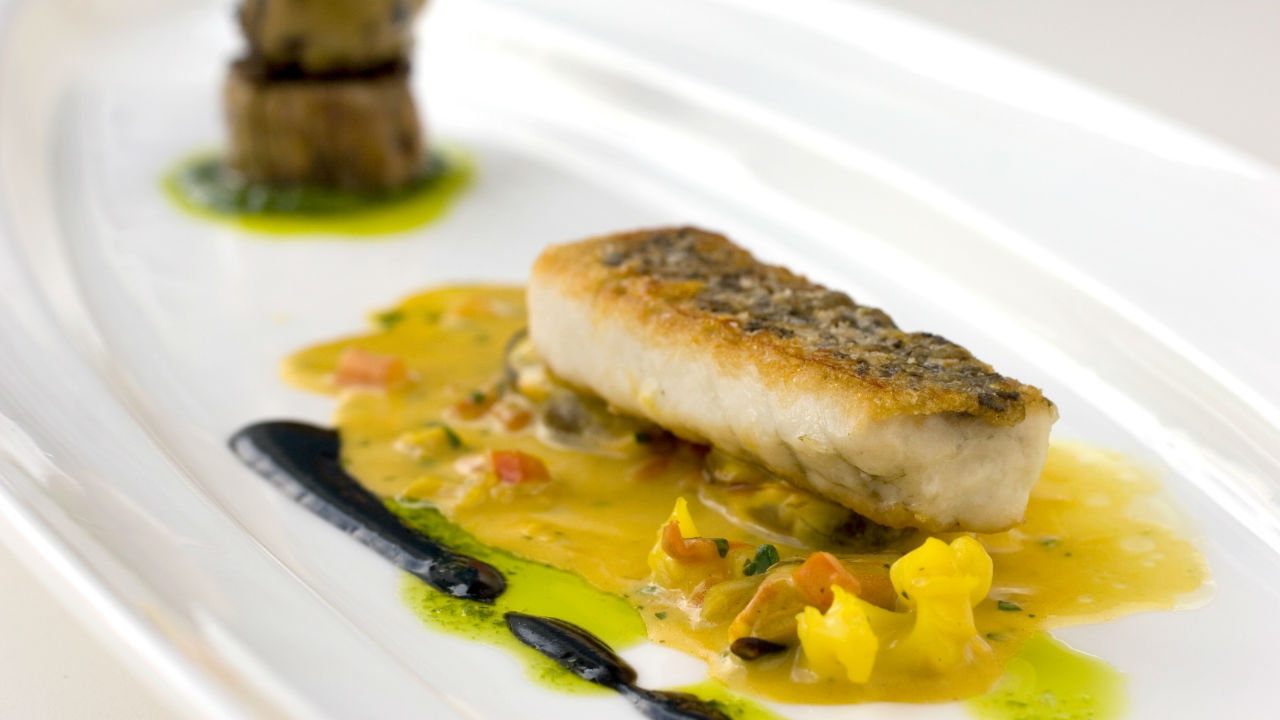 Seared Cod Fillet, French Beans, Sweet Mustard, Pickled Mussels