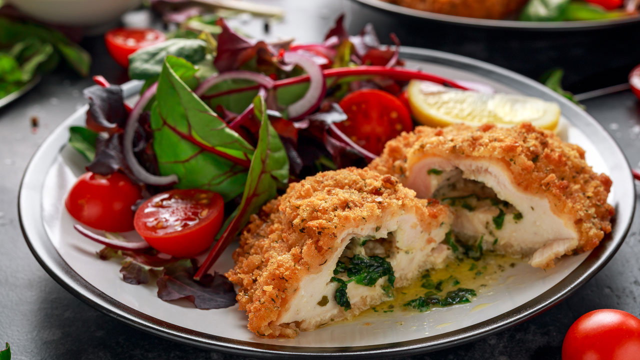 Italian Style Chicken Kiev with Roastini and Salad Skewers