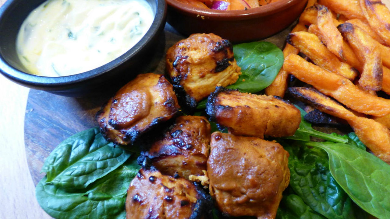 Chicken Tikka with Sweet Potato Fries and Raita