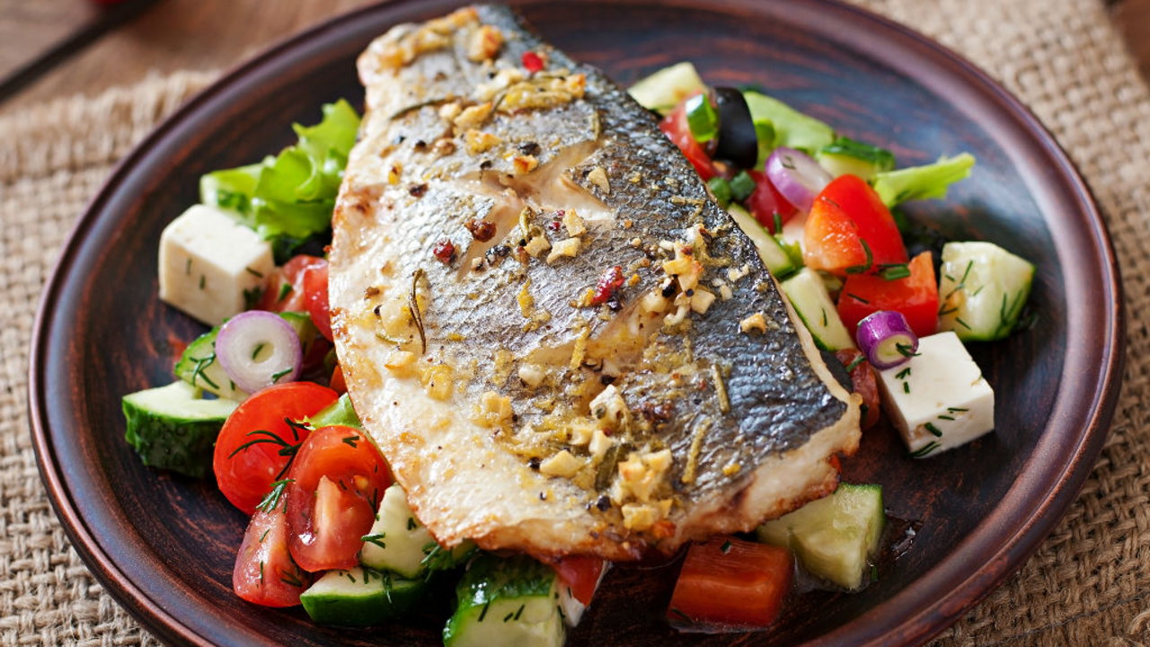Sea Bass, Smoked Chorizo, Warm Summer Salad with Yuzu Crème Fraiche
