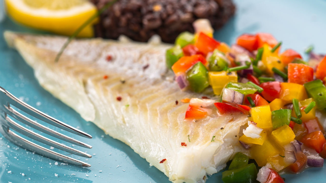 Seared Hake Fillet, Curried Mussels and Tomato Salsa