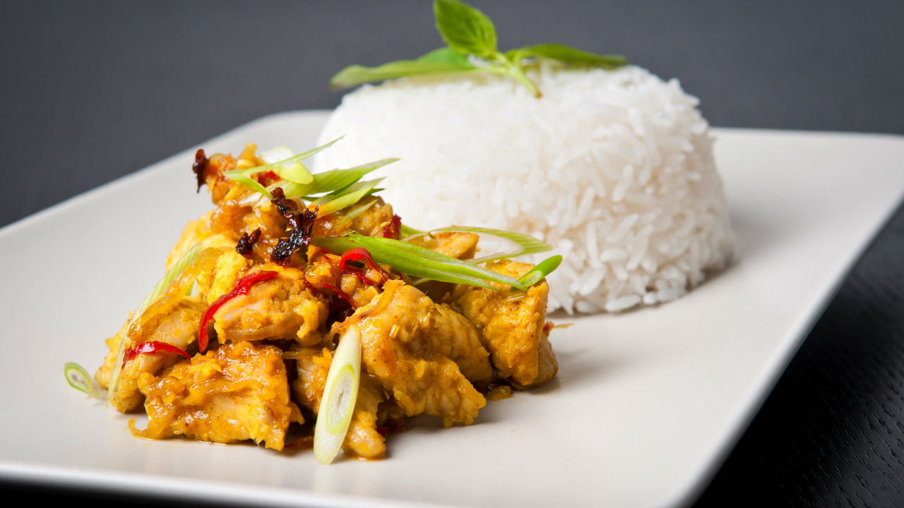 Lemon Crispy Chicken Cantonese Style with Steamed Jasmine Rice.
