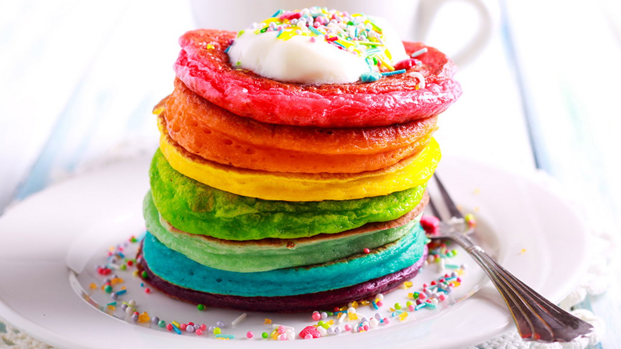 Rainbow Pancakes with Marshmallow Sauce